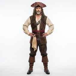 Men’s pirate leather costume set front view with tricorn hat, vest, shirt, pants and boots for LARP cosplay - Rizwards Leather