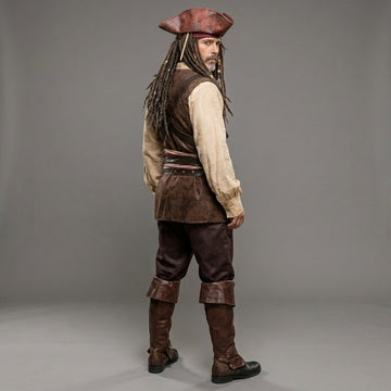 Men’s pirate leather costume set front view with tricorn hat, vest, shirt, pants and boots for LARP cosplay - Rizwards Leather