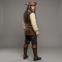Side view of men’s pirate leather outfit with tricorn hat, long coat-style layers, vest and pirate boots - Rizwards Leather