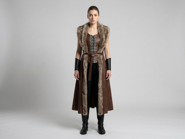 Women's Genuine Brown Leather Viking Vest | Fur Trim Long Leather Vest | Medieval Renaissance Costume | Nordic Warrior Outfit Custom