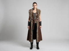 Women's Genuine Brown Leather Viking Vest | Fur Trim Long Leather Vest | Medieval Renaissance Costume | Nordic Warrior Outfit Custom