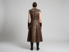 Women's Genuine Brown Leather Viking Vest | Fur Trim Long Leather Vest | Medieval Renaissance Costume | Nordic Warrior Outfit Custom