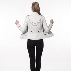 Back view of white leather blazer jacket women with shoulder epaulettes, black buttons, chain accents and cropped custom punk jacket fit