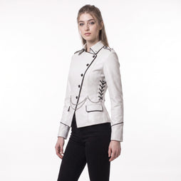 White custom blazer women leather jacket with studded chain detail, black buttons, pointed collar and punk biker fitted style – Rizwards Leather