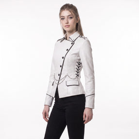 White custom blazer women leather jacket with studded chain detail, black buttons, pointed collar and punk biker fitted style – Rizwards Leather