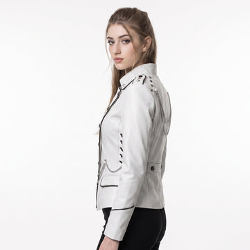 White custom blazer women leather jacket with studded chain detail, black buttons, pointed collar and punk biker fitted style – Rizwards Leather