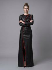Gothic leather dress with black and red design, long sleeves, fitted waist, red piping, and floor length formal gown shape - Rizwards Leather