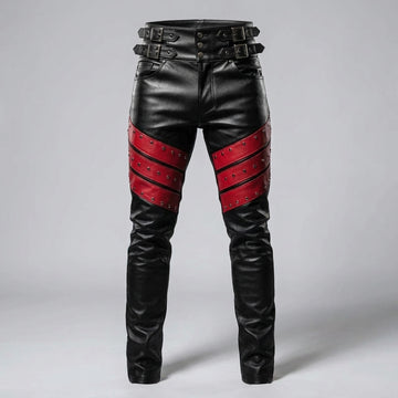 Men's Black Leather Pants | Genuine Leather with Red Studded Panels