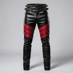 Men's Black Leather Pants | Genuine Leather with Red Studded Panels