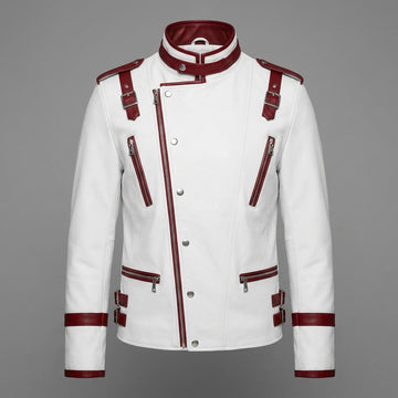 Genuine Leather Men's White Red Cyberpunk Racing Jacket