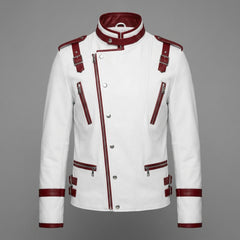 Genuine Leather Men's White Red Cyberpunk Racing Jacket