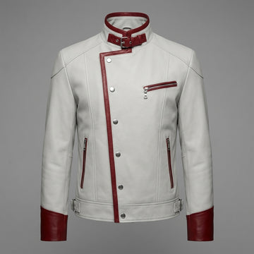 White Red Leather Jacket, Men's Genuine Leather Cyberpunk Racing Jacket