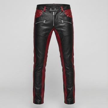 Men's Black Leather Pants | Genuine Leather with Red Panels