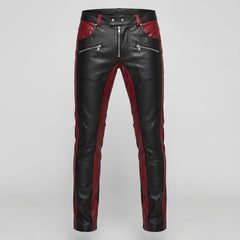 Men's Black Leather Pants | Genuine Leather with Red Panels