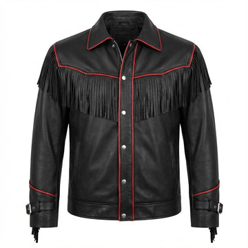 Men's Black Leather Fringe Jacket, Western Biker Style