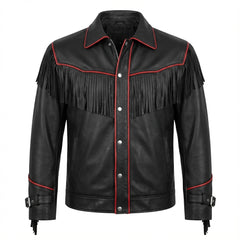 Men's Black Leather Fringe Jacket, Western Biker Style
