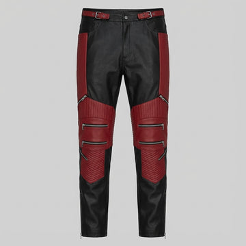 Men's Black & Red Genuine Leather Cyberpunk Pants | Biker Trousers
