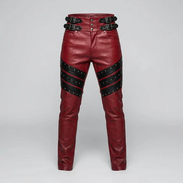 Men's Red Genuine Leather Pants with Black Studded Panels