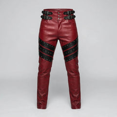 Men's Red Genuine Leather Pants with Black Studded Panels