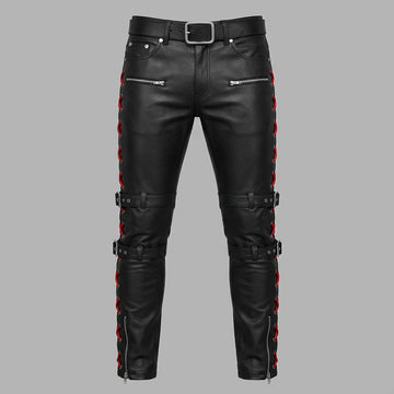 Women's Black Genuine Leather Pants, Red Lace Up Biker Pants with Buckle Straps, Cyberpunk Leather Trousers