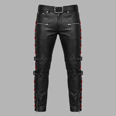 Women's Black Genuine Leather Pants, Red Lace Up Biker Pants with Buckle Straps, Cyberpunk Leather Trousers