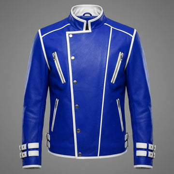 Leather Jacket | Men’s Genuine Blue Military Racer | White Piped Asymmetrical Zip | Handmade Custom Fit
