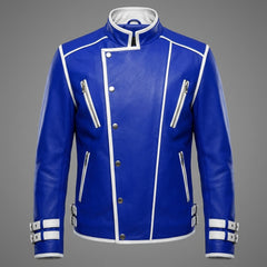 Leather Jacket | Men’s Genuine Blue Military Racer | White Piped Asymmetrical Zip | Handmade Custom Fit