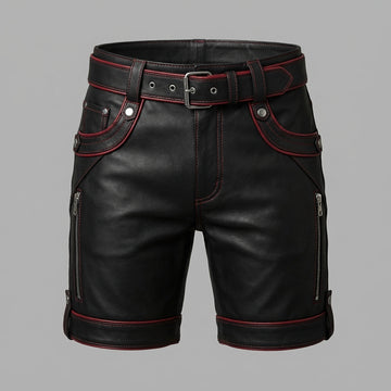 Black Genuine Leather Shorts | Custom Streetwear Festival Style, Red Trim Goth Clothes