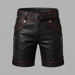Black Genuine Leather Shorts | Custom Streetwear Festival Style, Red Trim Goth Clothes