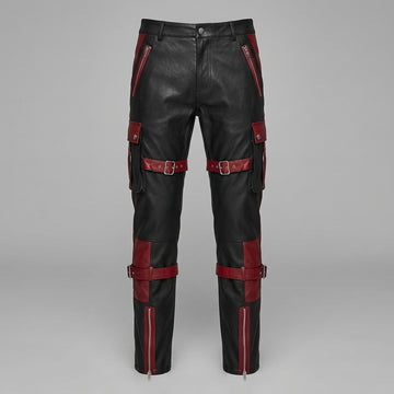 Men's Black Leather Cargo Pants | Genuine Leather with Red Accents