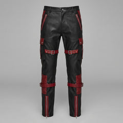 Men's Black Leather Cargo Pants | Genuine Leather with Red Accents