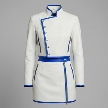 Leather Jacket, Women's White Genuine Leather Racer Style, Blue Trim Mini Skirt Set, Handmade Custom Fit