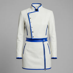 Leather Jacket, Women's White Genuine Leather Racer Style, Blue Trim Mini Skirt Set, Handmade Custom Fit