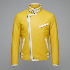 Men’s Leather Jacket | Genuine Biker Motorcycle | Yellow Asymmetrical Zip | Custom Fit