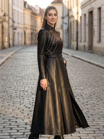 Black leather long coat women gothic military Victorian red button chain belted maxi coat outdoor look - Rizwards Leather