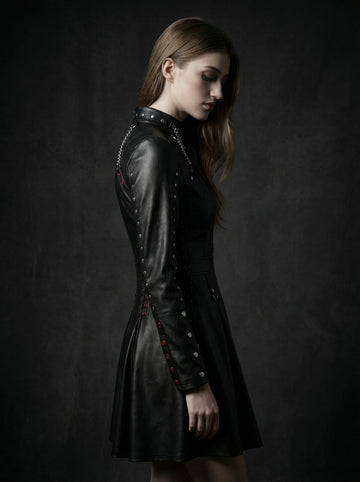 Black leather mini dress with flared A-line skater skirt, long sleeves, gothic chain collar, studded details and lace up corset front - Rizwards Leather