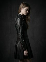 Side view of black leather mini dress with fitted bodice, long sleeves, high neck collar, rivet sleeve details and gothic leather skater style - Rizwards Leather