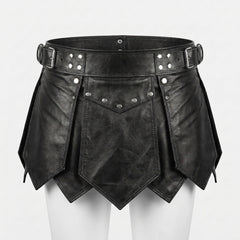 Flat lay front view of handmade black leather kilt with rivets, buckles and pointed panels for men cosplay - Rizwards Leather