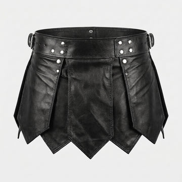 Male model wearing handmade black leather kilt, gothic Viking gladiator style mens leather kilt for LARP cosplay festival - Rizwards Leather