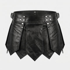 product view of mens black leather kilt, gothic leather warrior kilt with layered apron panels - Rizwards Leather