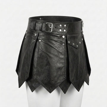 Male model wearing handmade black leather kilt, gothic Viking gladiator style mens leather kilt for LARP cosplay festival - Rizwards Leather