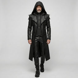Full front view of men’s black hooded leather trench coat with gothic LARP cosplay style, long duster shape, and dark fashion look. - Rizwards Leather