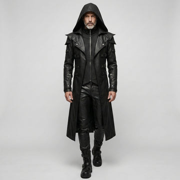 Full front view of men’s black hooded leather trench coat with gothic LARP cosplay style, long duster shape, and dark fashion look. - Rizwards Leather
