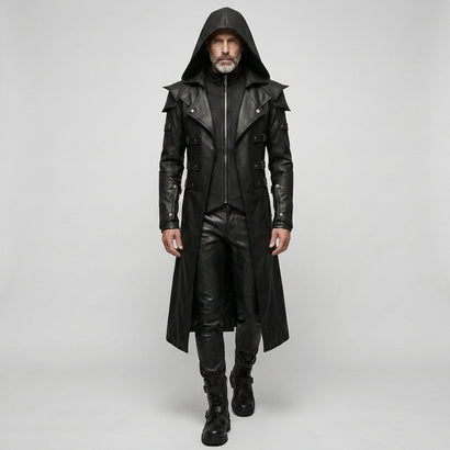 Full front view of men’s black hooded leather trench coat with gothic LARP cosplay style, long duster shape, and dark fashion look. - Rizwards Leather