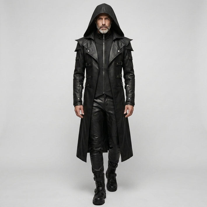 Full front view of men’s black hooded leather trench coat with gothic LARP cosplay style, long duster shape, and dark fashion look. - Rizwards Leather