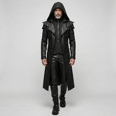 Full front view of men’s black hooded leather trench coat with gothic LARP cosplay style, long duster shape, and dark fashion look. - Rizwards Leather