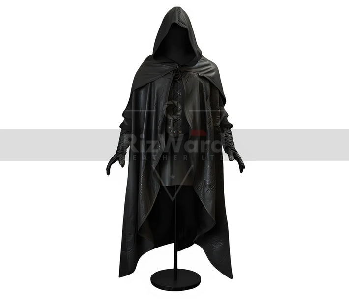 Handmade Black Leather Medieval Cloak with Hood - Wizard, Fantasy, Traveling Cloak