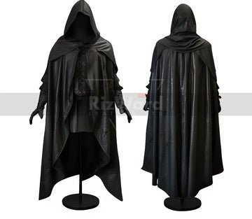 Handmade Black Leather Medieval Cloak with Hood - Wizard, Fantasy, Traveling Cloak