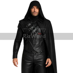 Gothic Leather Hooded Half Cape with Armour Shirt - Punk Rave Gothic Cloak Costume For Cosplay - Leather Medieval Cloak - LARP Costumes