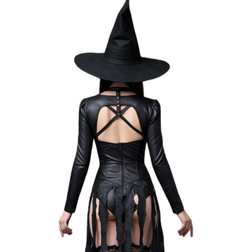 Black Leather Witch Costume - Gothic Long Sleeve Sexy Bodysuit Dress - Seductive Halloween Costumes - Naughty Cosplay Roleplay Costume